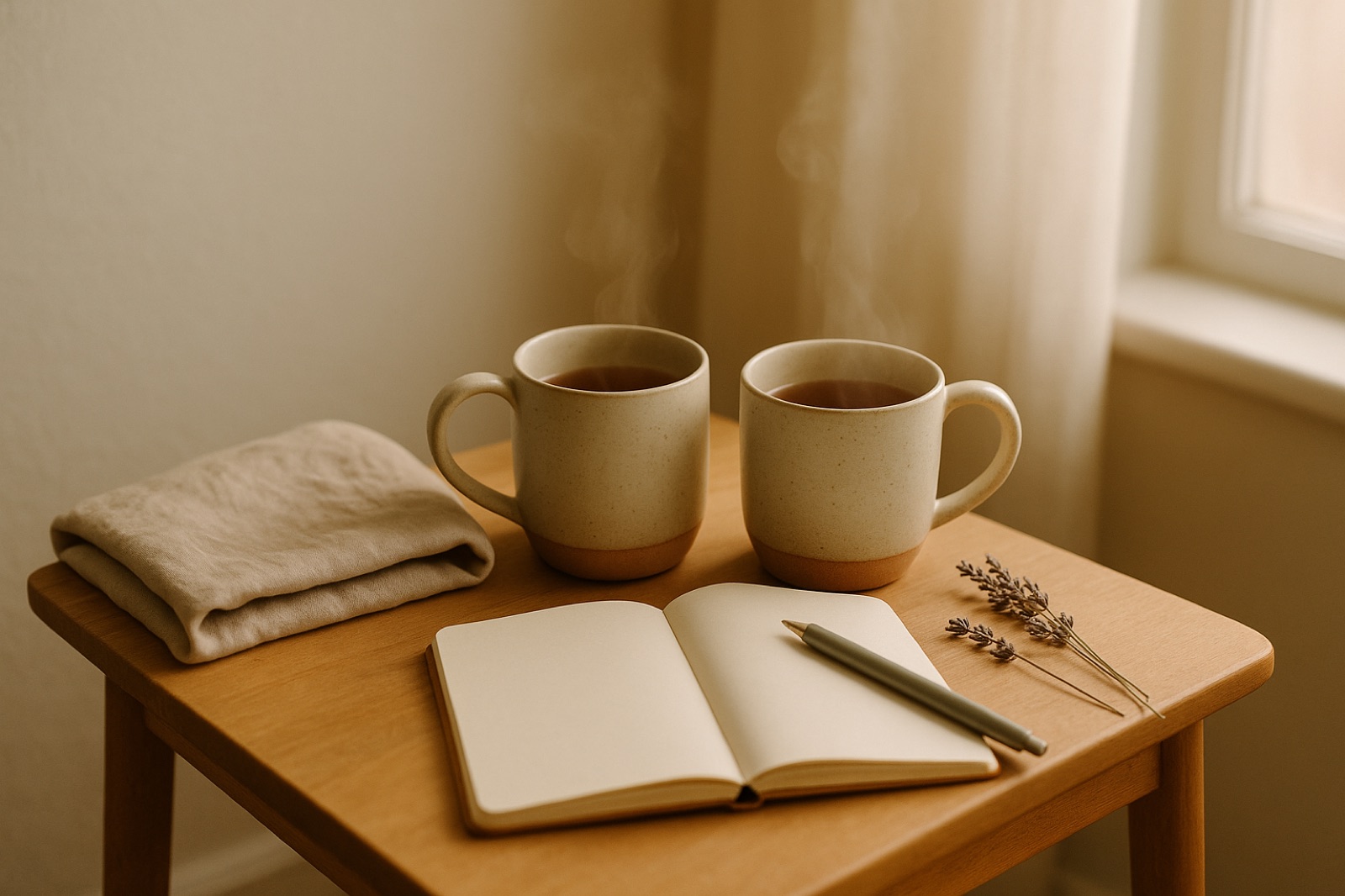 Two cups of tea and an open journal in warm natural light