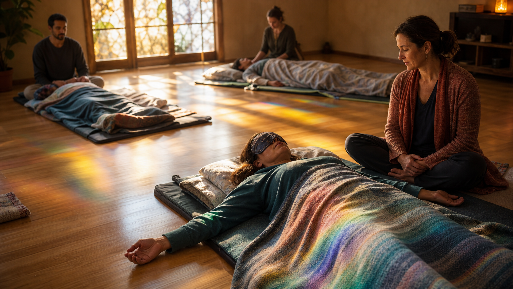 A quiet prepared room with a mat, cushion, candle, and bowl for breathwork