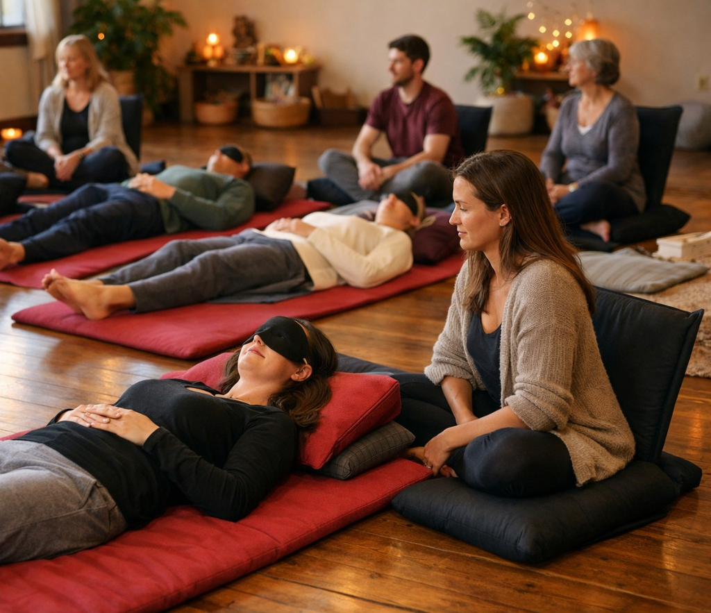 A group breathwork session: breathers resting on mats with eye masks while seated partners keep watch by candlelight